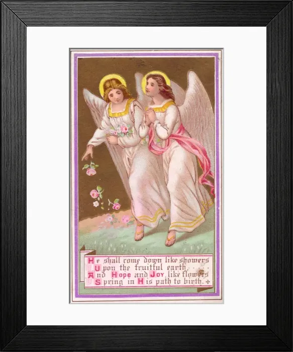 Framed Print : Two angels with flowers on a greetings card Framed Print : Two angels with flowers on a greetings card