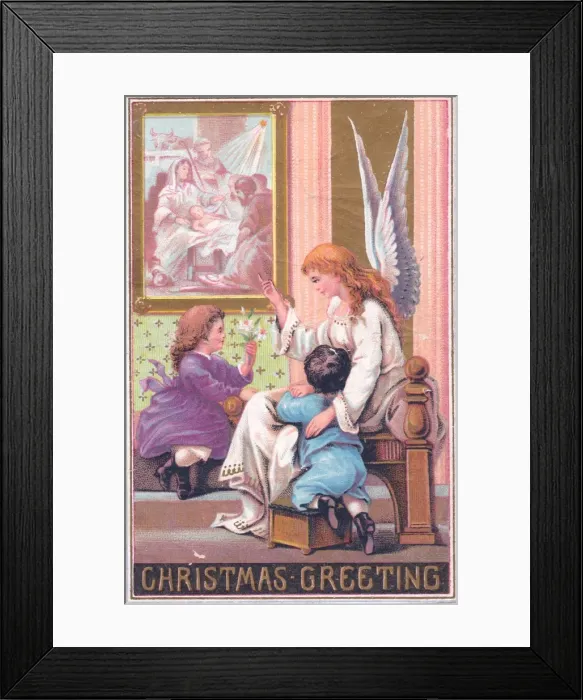 Framed Print : Angel with two children on a Christmas card Framed Print : Angel with two children on a Christmas card