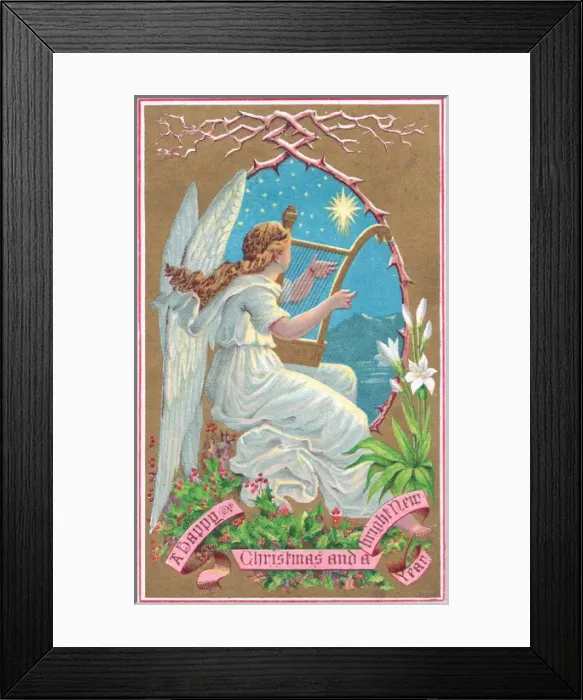 Framed Print : Angel with lute on a Christmas card Framed Print : Angel with lute on a Christmas card