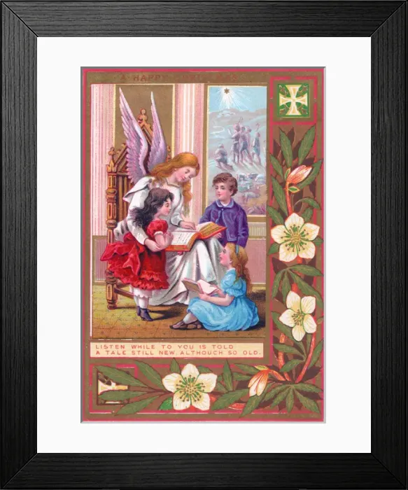 Framed Print : Angel and children on a Christmas card Framed Print : Angel and children on a Christmas card