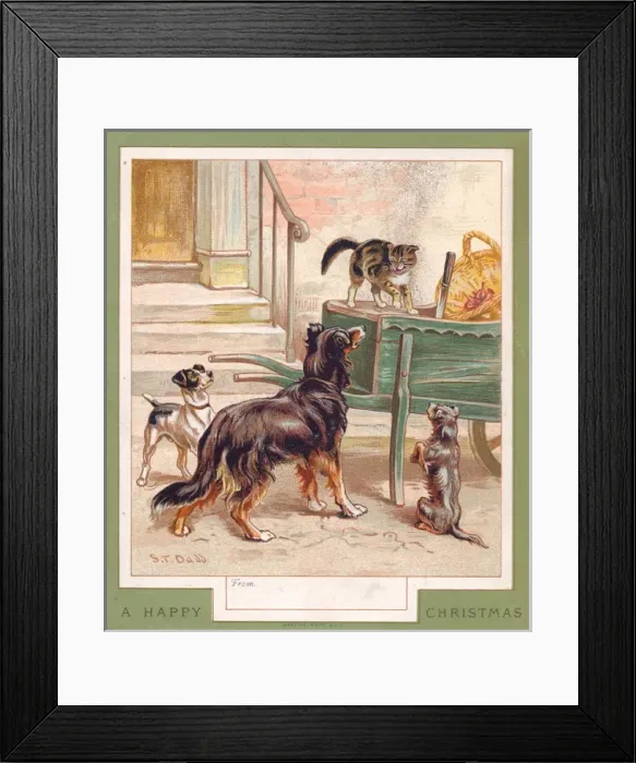 Framed Print : Three dogs and a cat on a Christmas card Framed Print : Three dogs and a cat on a Christmas card
