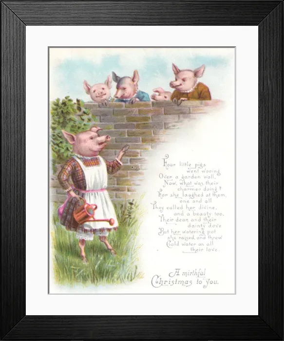 Framed Print : Five humanised pigs on a Christmas card Framed Print : Five humanised pigs on a Christmas card