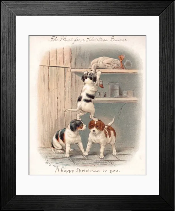 Framed Print : Three hungry puppies on a Christmas card Framed Print : Three hungry puppies on a Christmas card