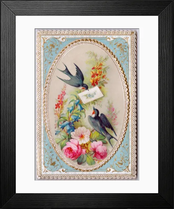 Framed Print : Bluebirds and flowers on an audible greetings card Framed Print : Bluebirds and flowers on an audible greetings card