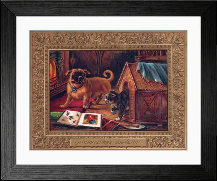 Framed Print : Dog and cat on a Christmas card Framed Print : Dog and cat on a Christmas card