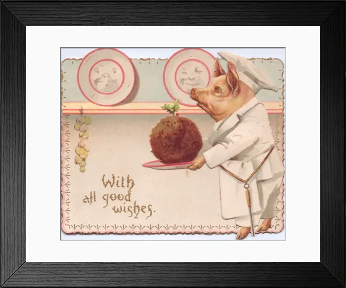 Framed Print : Chef pig with pudding on a Christmas card Framed Print : Chef pig with pudding on a Christmas card