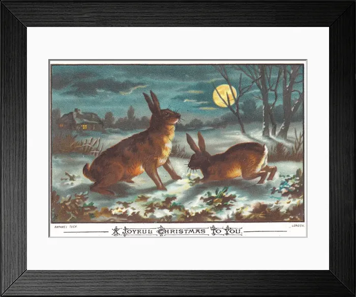 Framed Print : Two hares in moonlight on a Christmas card Framed Print : Two hares in moonlight on a Christmas card
