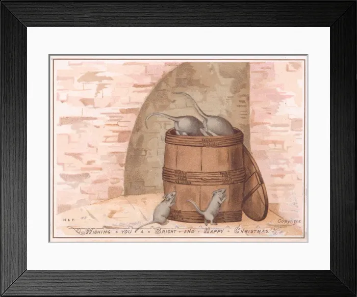 Framed Print : Four rats and a barrel on a Christmas card Framed Print : Four rats and a barrel on a Christmas card
