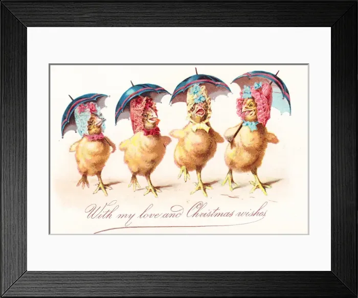 Framed Print : Four chicks in bonnets on a Christmas card Framed Print : Four chicks in bonnets on a Christmas card