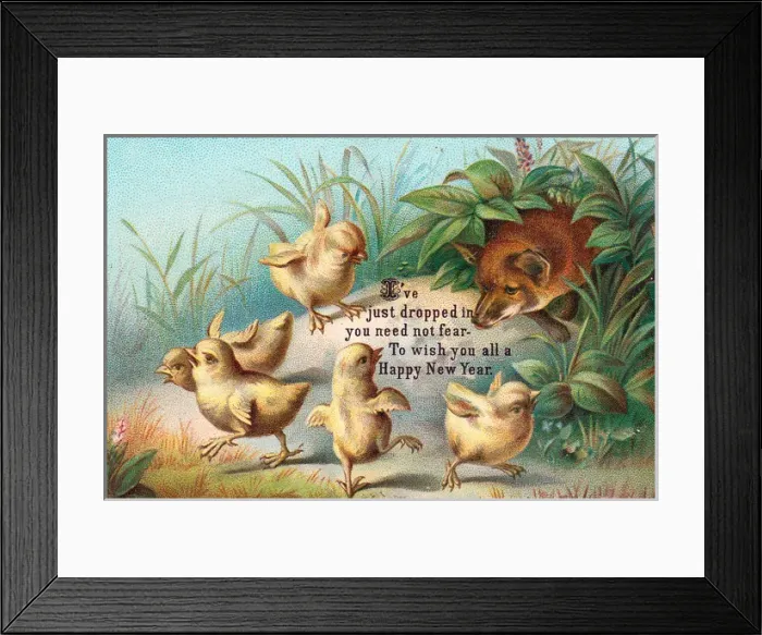 Framed Print : Fox and five chicks on a New Year card Framed Print : Fox and five chicks on a New Year card