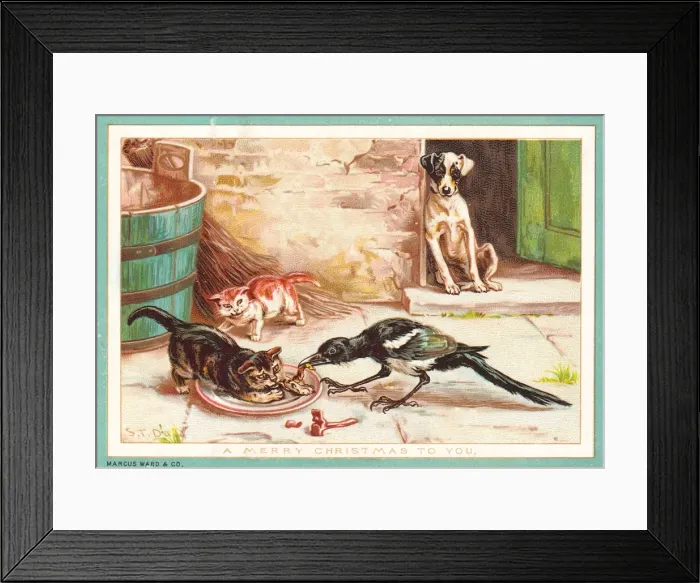 Framed Print : Dog, cats and bird on a Christmas card Framed Print : Dog, cats and bird on a Christmas card