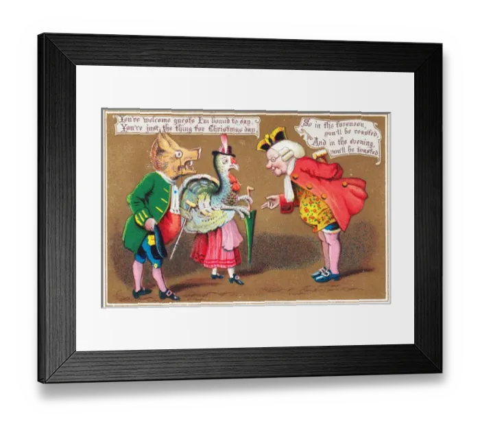 Framed Print : Man greeting hog and turkey on a Christmas card Framed Print : Man greeting hog and turkey on a Christmas card