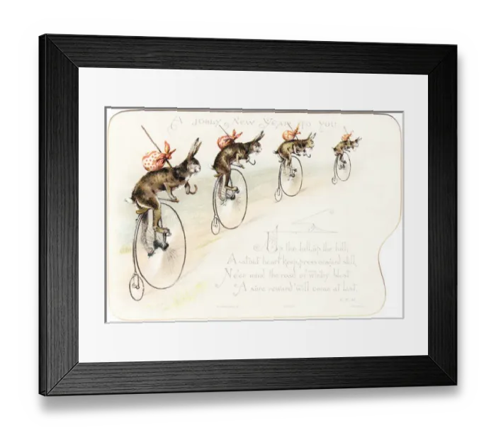 Framed Print : Four hares on pennyfarthing bicycles on a New Year card Framed Print : Four hares on pennyfarthing bicycles on a New Year card