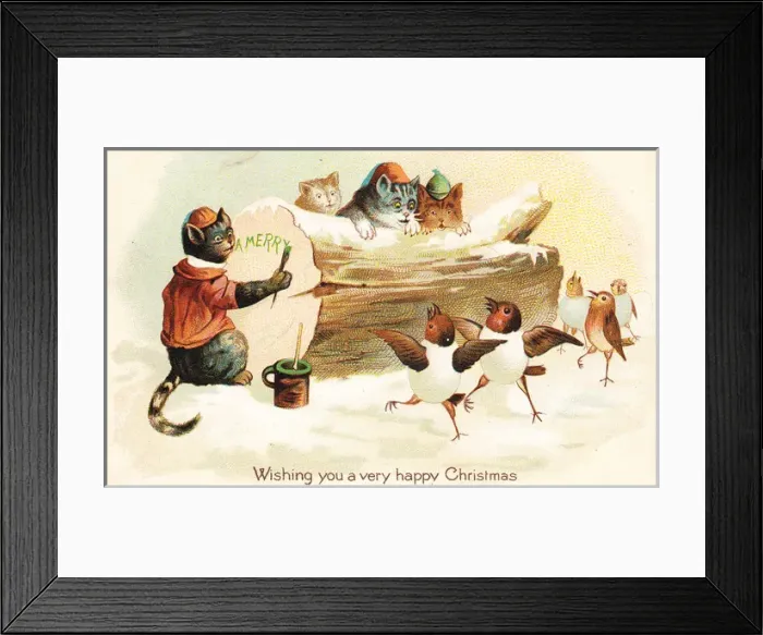 Framed Print : Cats and birds on a Christmas card Framed Print : Cats and birds on a Christmas card