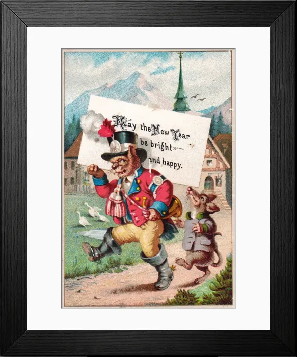 Framed Print : Cat and rat on a New Year card Framed Print : Cat and rat on a New Year card