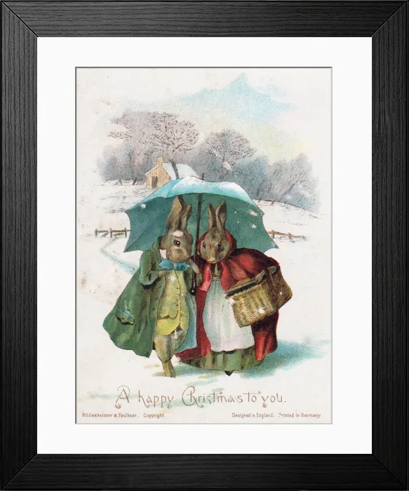 Framed Print : Two rabbits in the snow on a Christmas card Framed Print : Two rabbits in the snow on a Christmas card