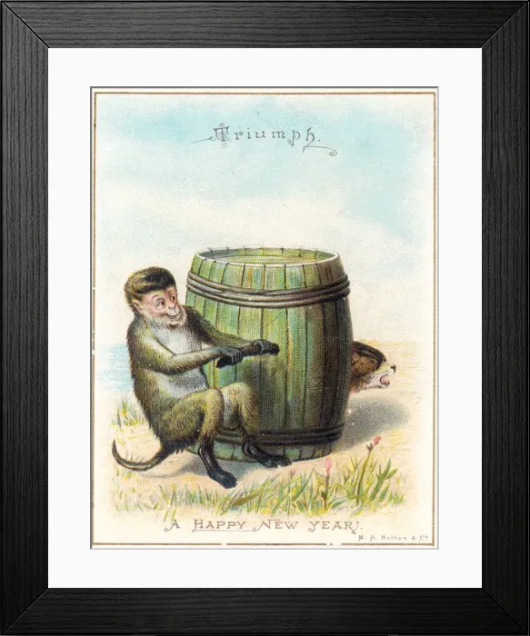 Framed Print : Monkey and dog on a New Year card Framed Print : Monkey and dog on a New Year card
