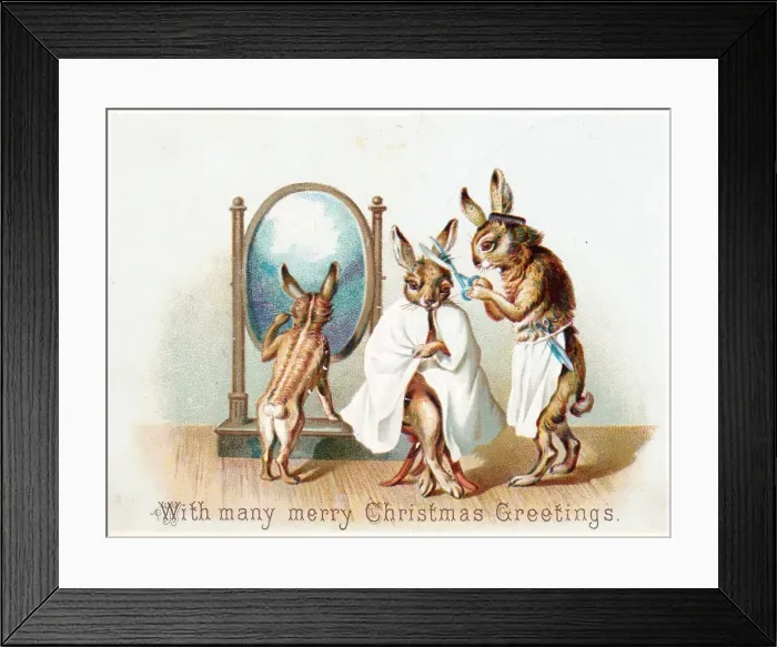 Framed Print : Three rabbits having a trim on a Christmas card Framed Print : Three rabbits having a trim on a Christmas card