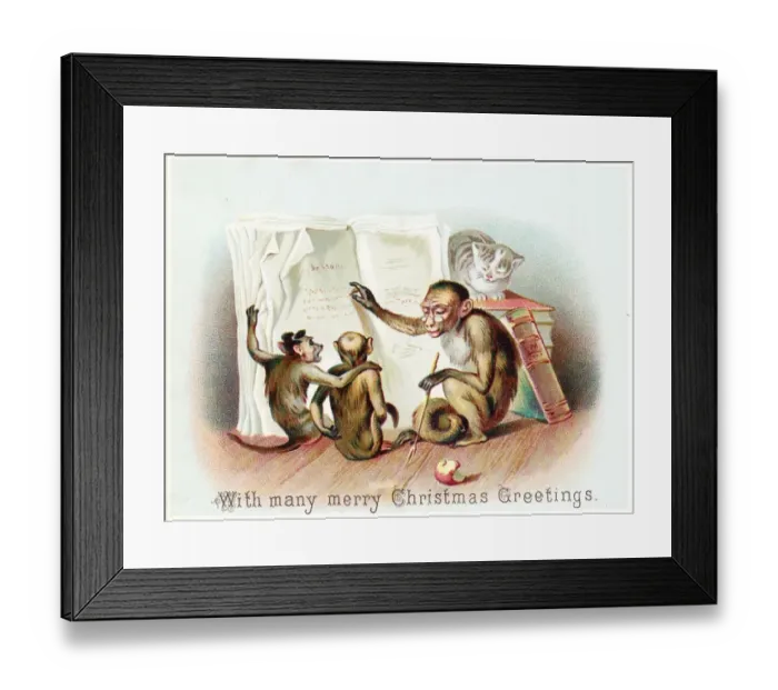 Framed Print : Three monkeys and a cat on a Christmas card Framed Print : Three monkeys and a cat on a Christmas card