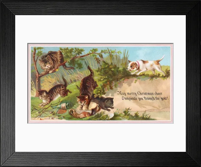 Framed Print : Dog and four cats on a Christmas card Framed Print : Dog and four cats on a Christmas card