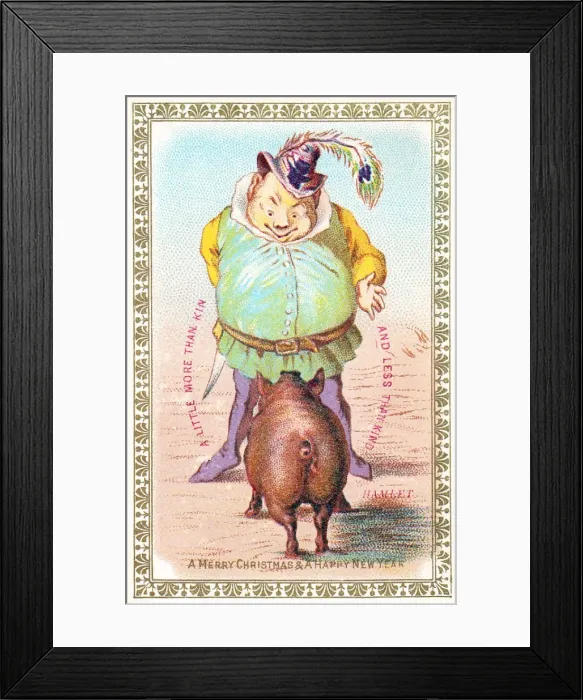 Framed Print : Plump man and pig on a Christmas and New Year card Framed Print : Plump man and pig on a Christmas and New Year card