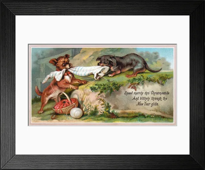 Framed Print : Two dogs with knitting on a Christmas and New Year card Framed Print : Two dogs with knitting on a Christmas and New Year card