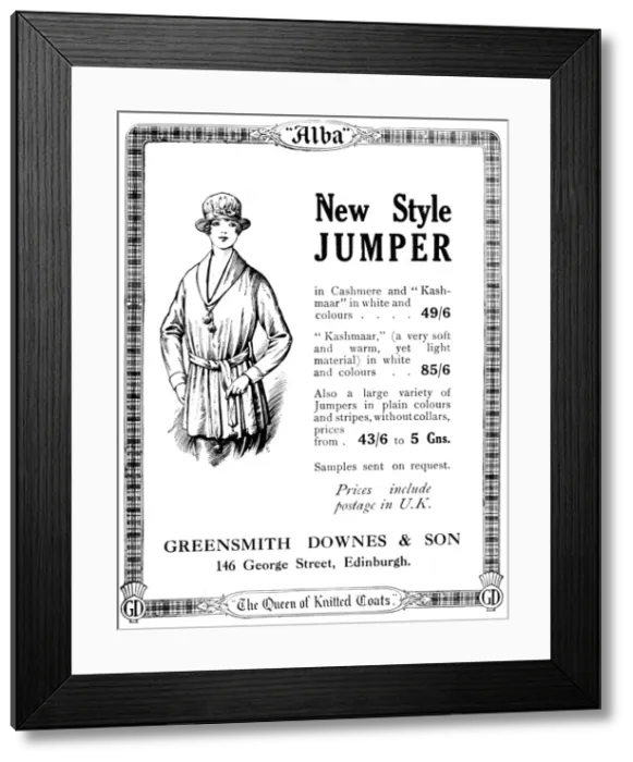 Framed Print : New style jumper - 1919 ladies clothing advertisement Framed Print : New style jumper - 1919 ladies clothing advertisement