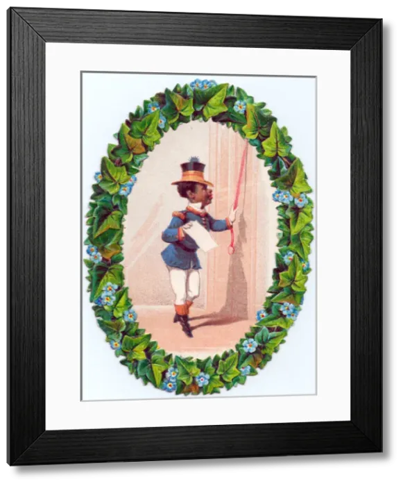 Framed Print : Black man delivering a letter on a greetings card Framed Print : Black man delivering a letter on a greetings card