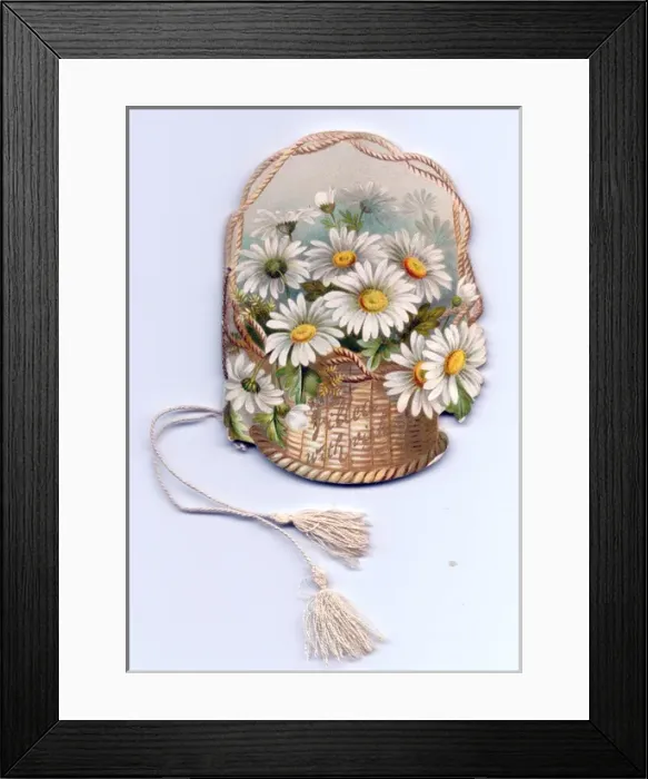Framed Print : Greetings card, white daisies in a basket Framed Print : Greetings card, white daisies in a basket