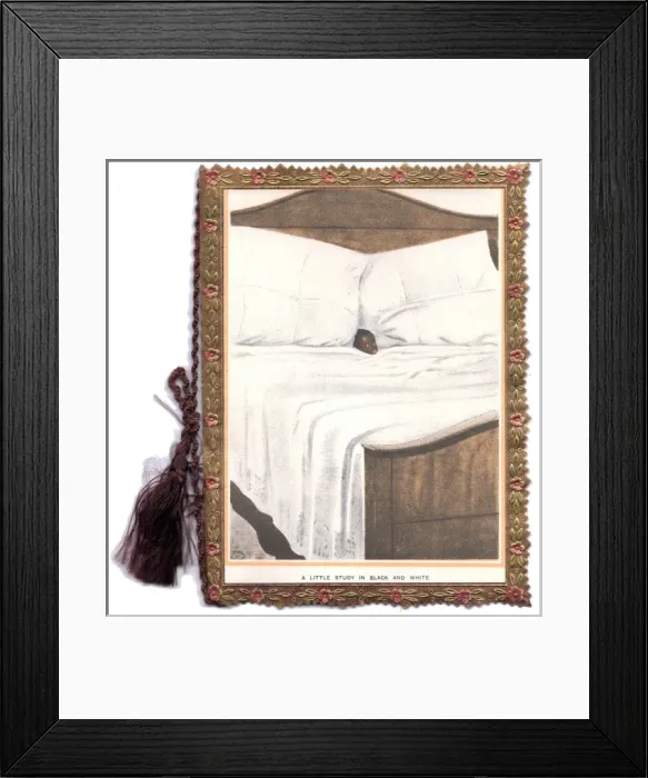 Framed Print : Little boy in large bed on a greetings card Framed Print : Little boy in large bed on a greetings card