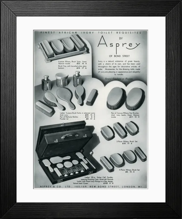 Framed Print : Advert for Asprey ivory toilet requisites 1938 Framed Print : Advert for Asprey ivory toilet requisites 1938