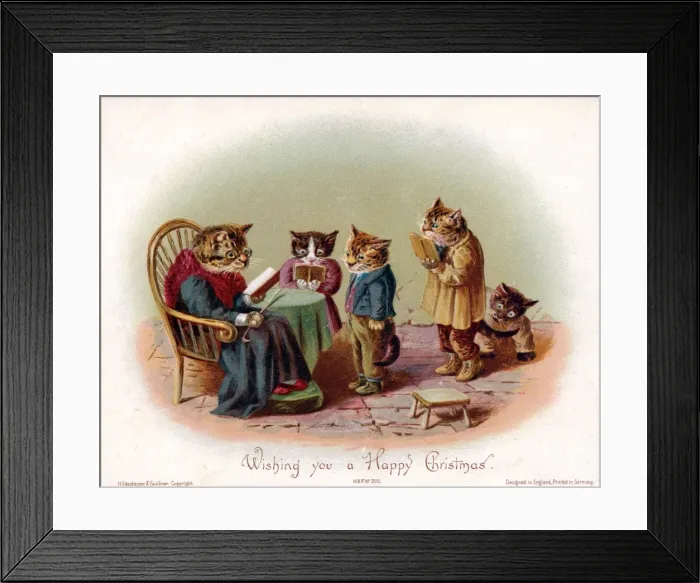 Framed Print : Five humanised cats on a Christmas card Framed Print : Five humanised cats on a Christmas card