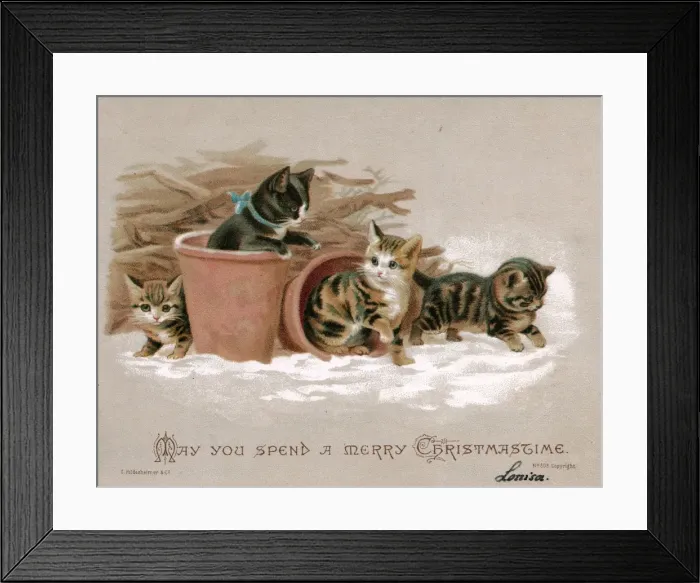 Framed Print : Four kittens with plant pots on a Christmas card Framed Print : Four kittens with plant pots on a Christmas card
