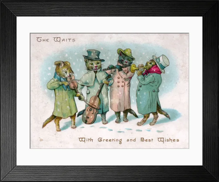 Framed Print : Four musical cats on a Christmas card