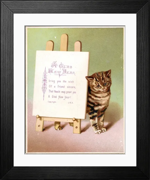 Framed Print : Tabby cat on a New Year card Framed Print : Tabby cat on a New Year card