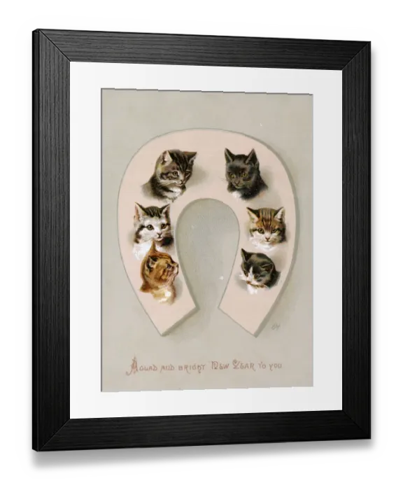 Framed Print : Six cats on a horseshoe on a New Year card Framed Print : Six cats on a horseshoe on a New Year card