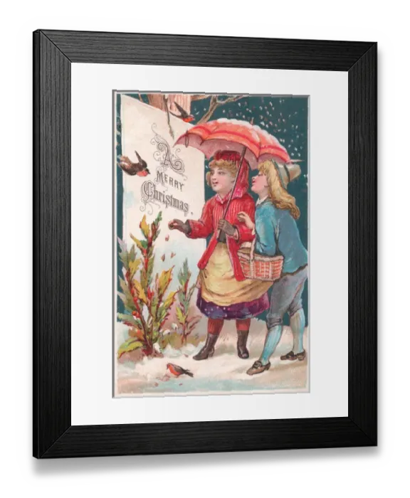 Framed Print : Boy and girl in the snow on a Christmas card Framed Print : Boy and girl in the snow on a Christmas card