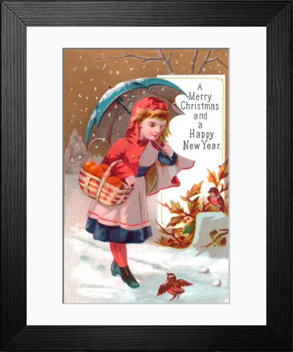 Framed Print : Little girl with robins on a Christmas card Framed Print : Little girl with robins on a Christmas card