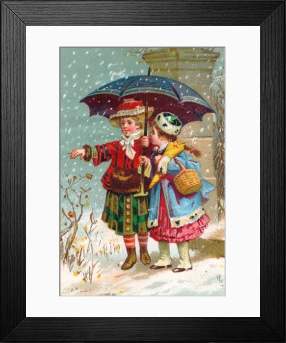 Framed Print : Two girls in the snow on a Christmas card Framed Print : Two girls in the snow on a Christmas card