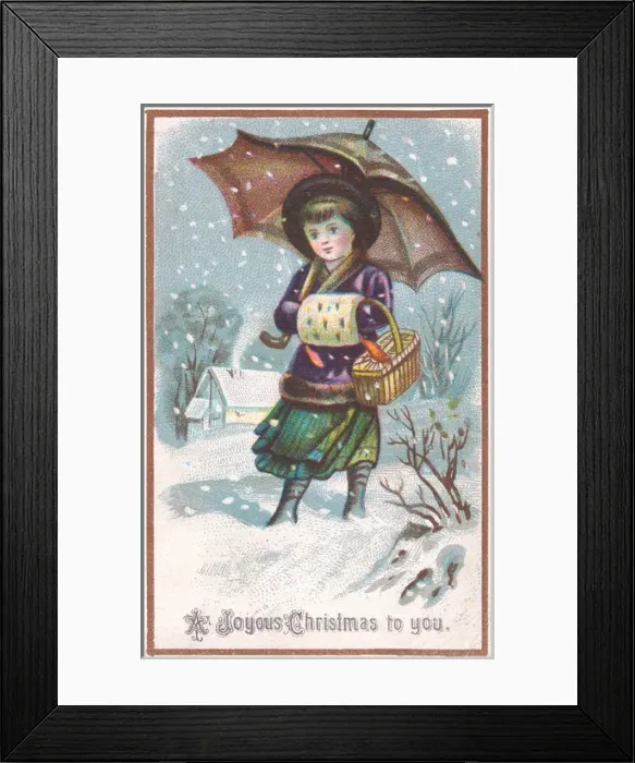 Framed Print : Girl walking through the snow on a Christmas card