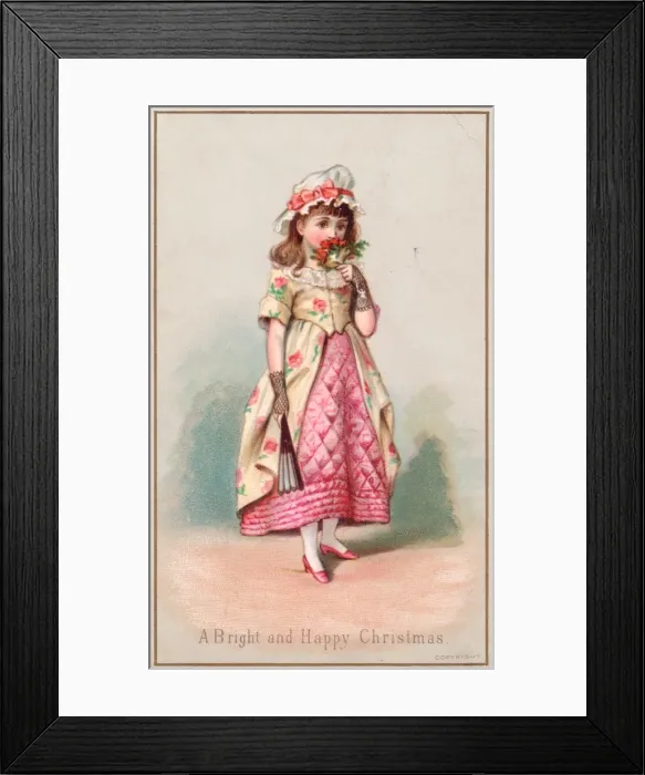 Framed Print : Little girl with flowers on a Christmas card Framed Print : Little girl with flowers on a Christmas card