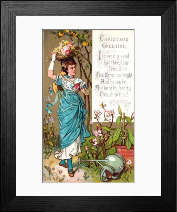 Framed Print : Woman in a garden on a Christmas card Framed Print : Woman in a garden on a Christmas card
