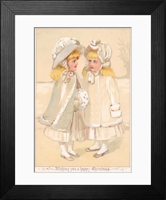 Framed Print : Two little girls in the snow on a Christmas card Framed Print : Two little girls in the snow on a Christmas card