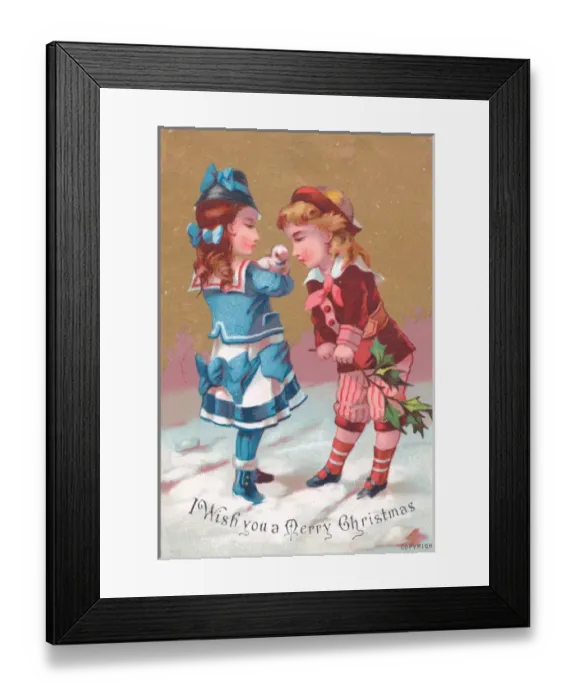 Framed Print : Boy and girl in the snow on a Christmas card Framed Print : Boy and girl in the snow on a Christmas card