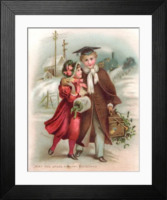 Framed Print : Boy and girl reunited on a Christmas card Framed Print : Boy and girl reunited on a Christmas card