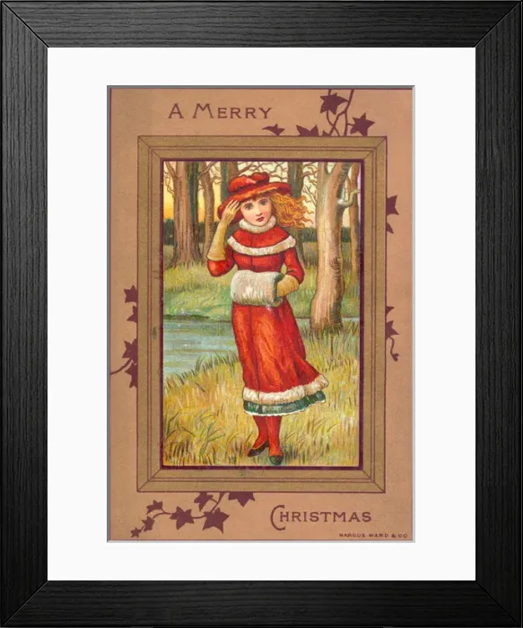 Framed Print : Girl out walking on a windy day on a Christmas card Framed Print : Girl out walking on a windy day on a Christmas card