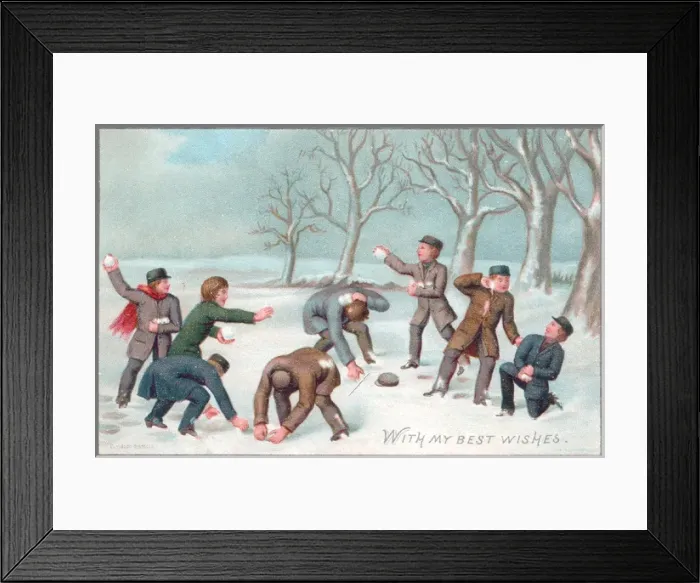 Framed Print : Eight boys snowballing on a Christmas card Framed Print : Eight boys snowballing on a Christmas card