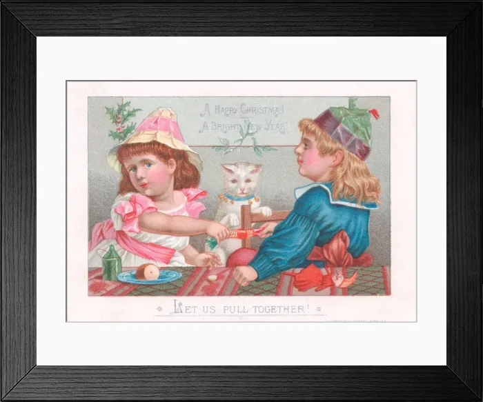 Framed Print : Boy and girl pulling cracker on a Christmas card Framed Print : Boy and girl pulling cracker on a Christmas card
