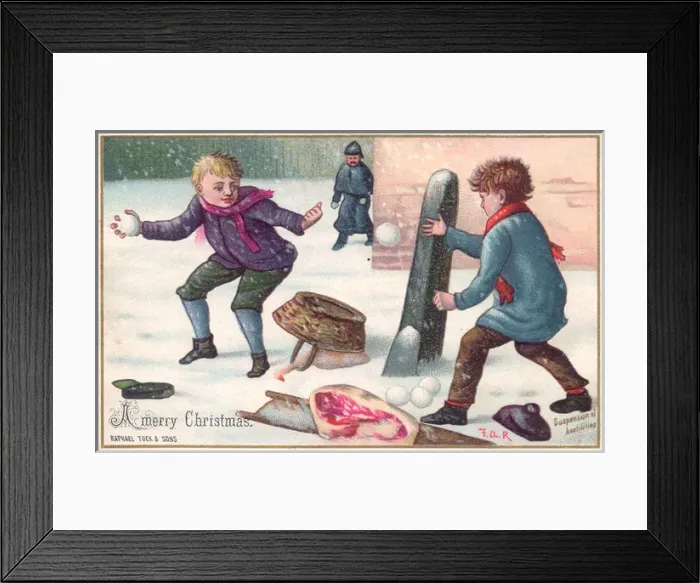 Framed Print : Two boys snowballing on a Christmas card Framed Print : Two boys snowballing on a Christmas card