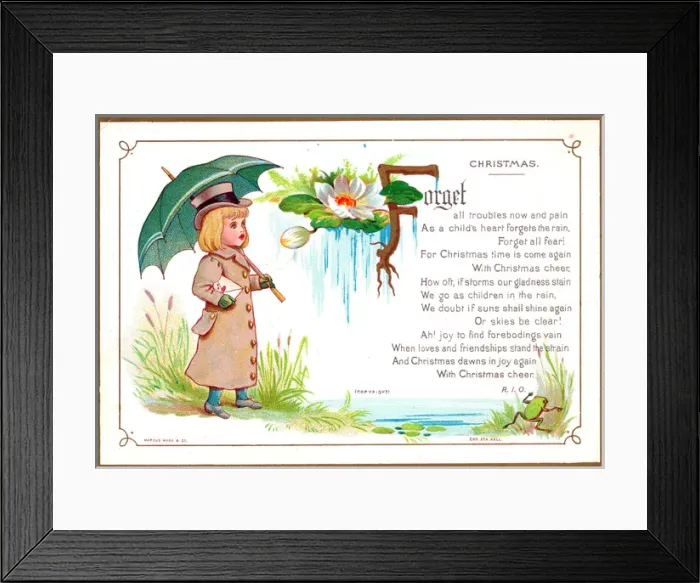 Framed Print : Girl out walking with umbrella on a Christmas card Framed Print : Girl out walking with umbrella on a Christmas card